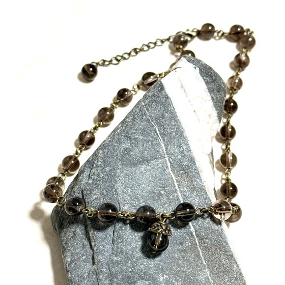 Natural Smoky Quartz Adjustable Short Necklace, Genuine Gemstone + Bronze Acorn - Picture 4 of 13
